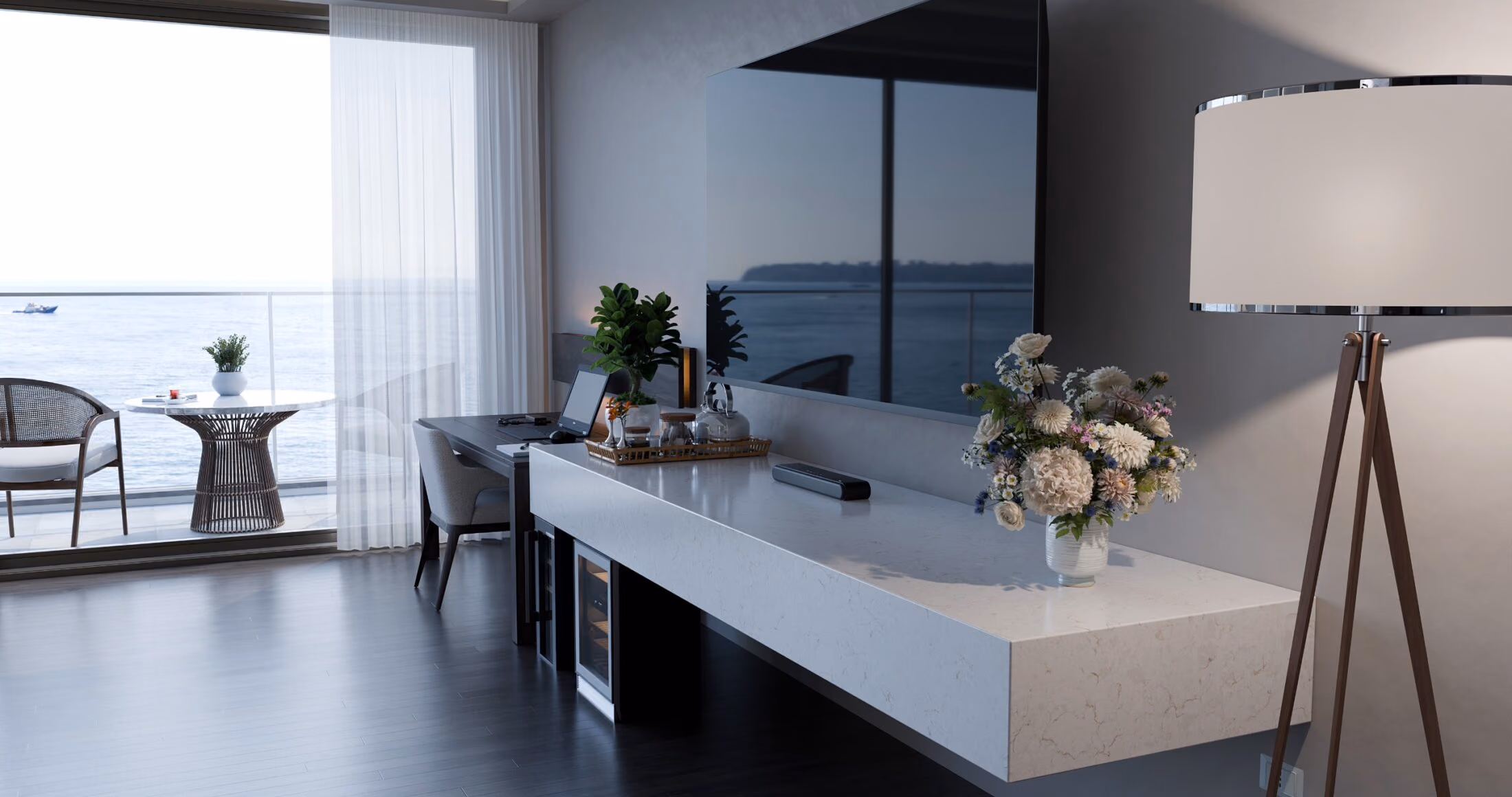 Çimstone yüzeyli kalın tablalı bar tezgâhı